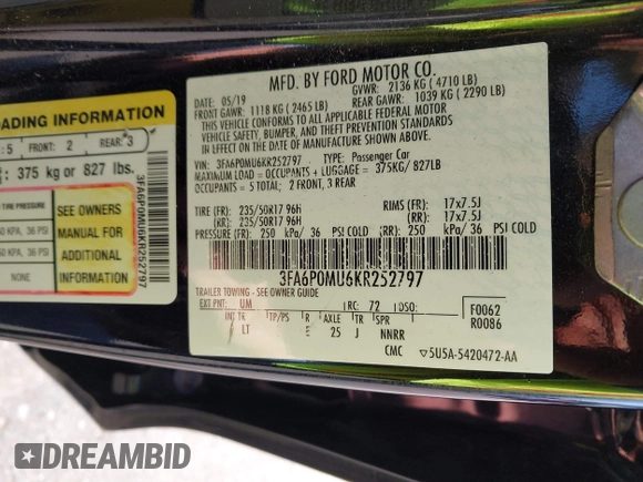 2019 Ford Fusion SEL with VIN 3FA6P0MU6KR252797, listed as a IAAI auction lot 41994504 with 106,029 mi miles and . Bid and sale history available at DreamBid. Image 9.
