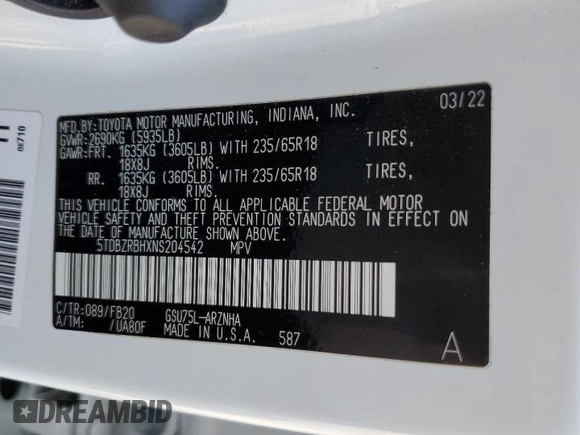 2022 Toyota Highlander LE with VIN 5TDBZRBHXNS204542, listed as a Copart auction lot 56551225 with 71,135 mi miles and Salvage title. Bid and sale history available at DreamBid. Image 14.