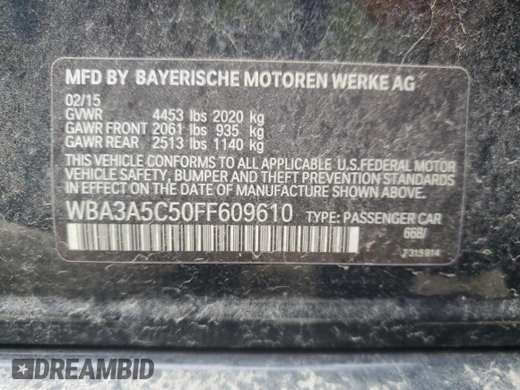 2015 BMW 3 Series 328i with VIN WBA3A5C50FF609610, listed as a Copart auction lot 47698945 with 0 mi miles and Clean Title. Bid and sale history available at carsss.com. Image 12.