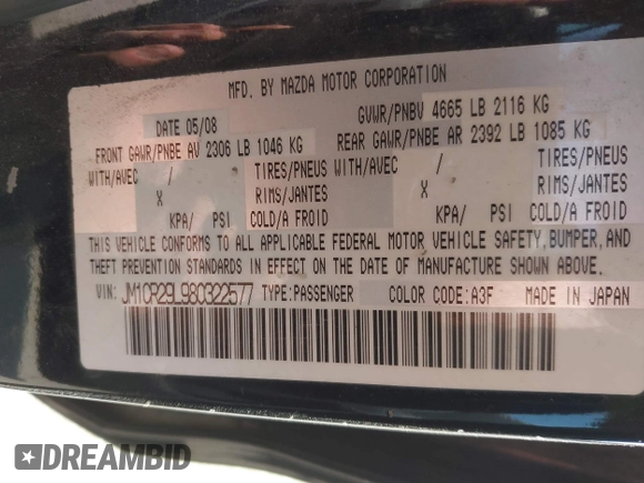 2008 Mazda 5 Grand Touring with VIN JM1CR29L980322577, listed as a IAAI auction lot 41797022 with 144,494 mi miles and . Bid and sale history available at DreamBid. Image 9.