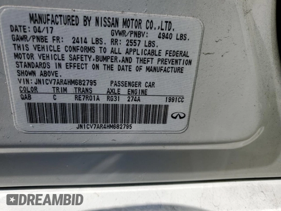 2017 Infiniti Q50 2.0t Premium with VIN JN1CV7AR4HM682795, listed as a Copart auction lot 45130165 with 92,938 mi miles and Salvage Title. Bid and sale history available at carsss.com. Image 12.