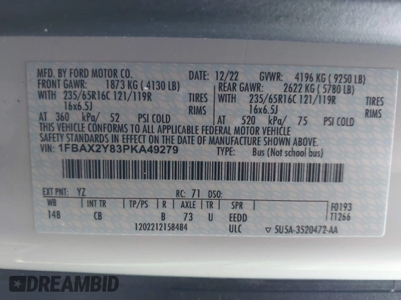 2023 Ford Transit Passenger XL с VIN 1FBAX2Y83PKA49279, выставлен на аукционе IAAI как лот 41869175 с пробегом 19 149 миль миль и . История ставок и продаж доступна на DreamBid. Изображение 9.