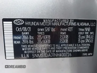 2022 Hyundai Santa Fe SE with VIN 5NMS1DAJ1NH400726, listed as a IAAI auction lot 41680232 with 21,188 mi miles and . Bid and sale history available at DreamBid. Image 9.