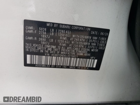 2020 Subaru Outback Limited XT with VIN 4S4BTGND6L3219631, listed as a Copart auction lot 59239725 with 41,635 mi miles and Salvage title. Bid and sale history available at DreamBid. Image 13.
