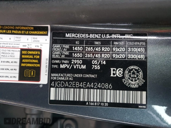 2014 Mercedes-Benz M 350 with VIN 4JGDA2EB4EA424086, listed as a Copart auction lot 48661845 with 131,818 mi miles and Salvage Title. Bid and sale history available at DreamBid. Image 13.
