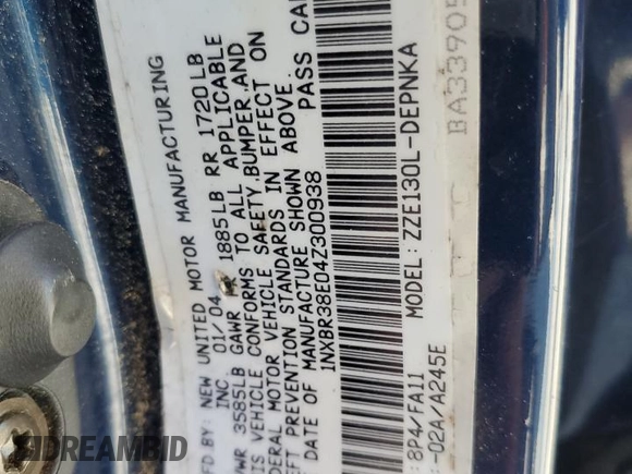 2004 Toyota Corolla CE with VIN 1NXBR38E04Z300938, listed as a Copart auction lot 54241515 with Not Provided miles and Salvage Title. Bid and sale history available at DreamBid. Image 12.