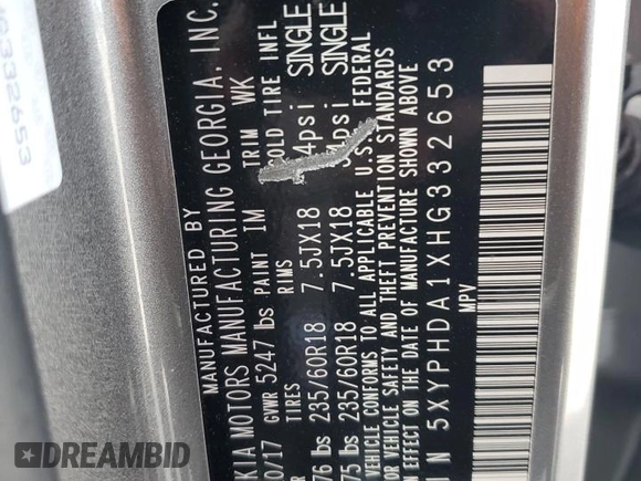 2017 Kia Sorento EX with VIN 5XYPHDA1XHG332653, listed as a Copart auction lot 57770775 with 73,714 mi miles and Clean title. Bid and sale history available at DreamBid. Image 13.