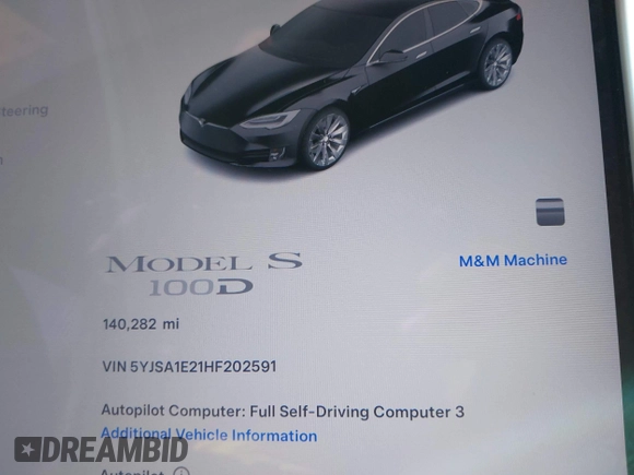 2017 Tesla Model S 100D with VIN 5YJSA1E21HF202591, listed as a IAAI auction lot 41983073 with 140,282 mi miles and . Bid and sale history available at DreamBid. Image 15.