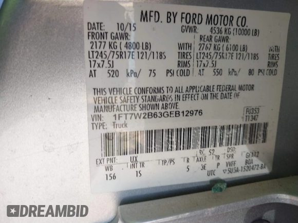 2016 Ford F-250 Lariat with VIN 1FT7W2B63GEB12976, listed as a IAAI auction lot 41822870 with 269,196 mi miles and . Bid and sale history available at DreamBid. Image 9.