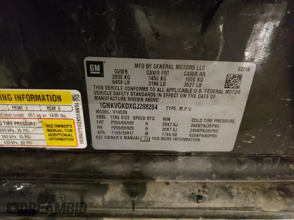 2016 Chevrolet Traverse LT with VIN 1GNKVGKDXGJ288284, listed as a Copart auction lot 53670045 with 145,523 mi miles and Salvage Title. Bid and sale history available at DreamBid. Image 14.