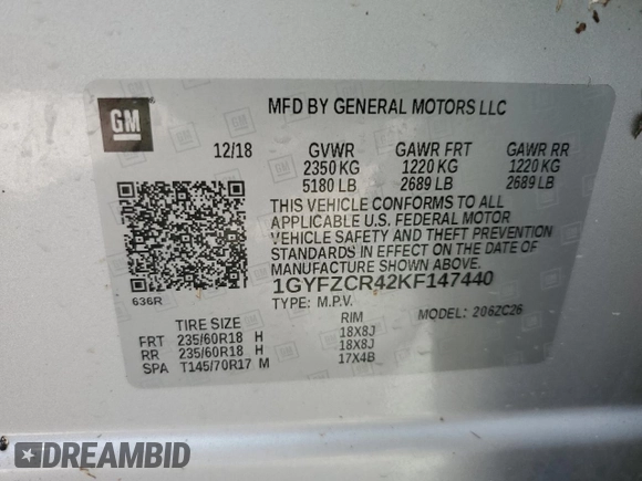 2019 Cadillac XT4 FWD Premium Luxury with VIN 1GYFZCR42KF147440, listed as a Copart auction lot 74999994 with Not provided miles and Salvage title. Bid and sale history available at DreamBid. Image 14.