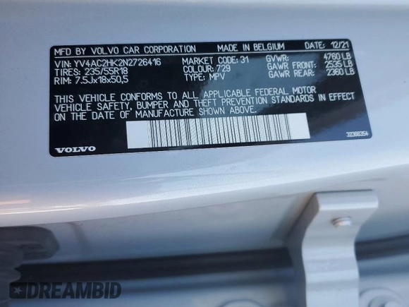 2022 Volvo XC40 Momentum with VIN YV4AC2HK2N2726416, listed as a Copart auction lot 77426764 with 84,997 mi miles and Salvage title. Bid and sale history available at DreamBid. Image 14.