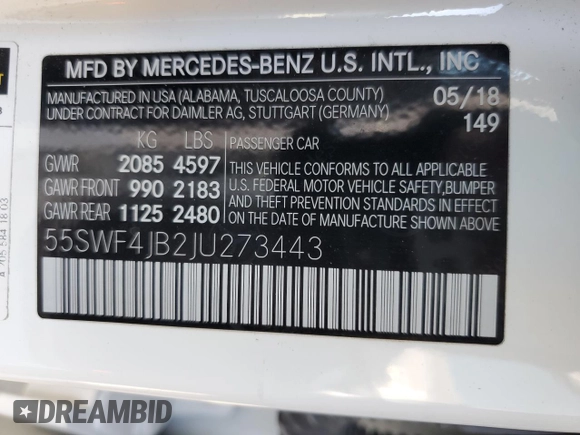 2018 Mercedes-Benz C 300 with VIN 55SWF4JB2JU273443, listed as a Copart auction lot 43762185 with 69,137 mi miles and Salvage Title. Bid and sale history available at DreamBid. Image 14.