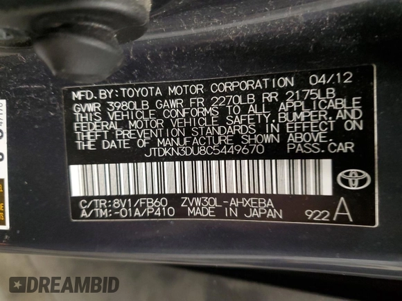 2012 Toyota Prius One with VIN JTDKN3DU8C5449670, listed as a Copart auction lot 46295805 with 165,026 mi miles and Salvage Title. Bid and sale history available at carsss.com. Image 12.