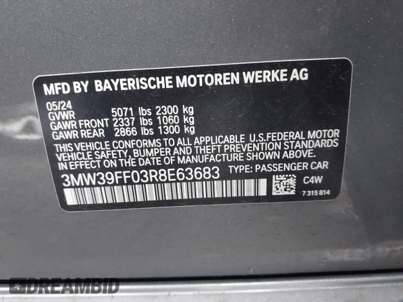 2024 BMW 3 Series 330e with VIN 3MW39FF03R8E63683, listed as a IAAI auction lot 41399888 with 5,430 mi miles. Bid and sale history available at carsss.com. Image 9.
