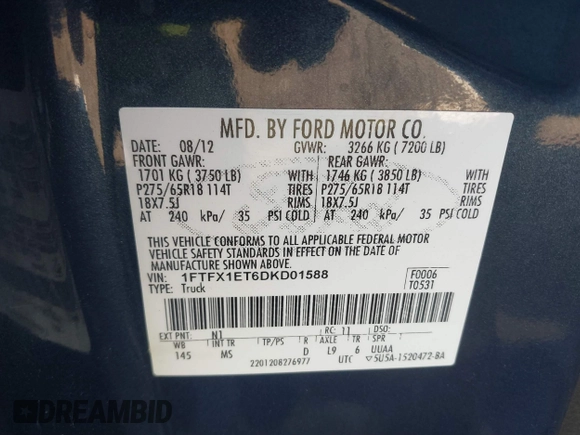 2013 Ford F-150 XL with VIN 1FTFX1ET6DKD01588, listed as a IAAI auction lot 40844069 with 190,583 mi miles and . Bid and sale history available at DreamBid. Image 9.