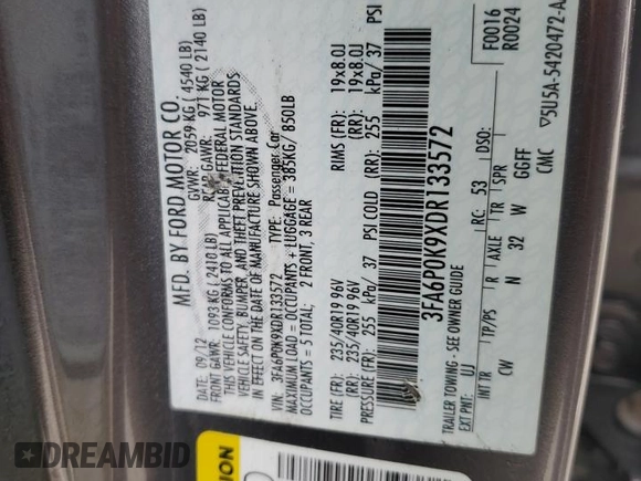2013 Ford Fusion Titanium with VIN 3FA6P0K9XDR133572, listed as a Copart auction lot 54454165 with 212,944 mi miles and Salvage Title. Bid and sale history available at DreamBid. Image 12.