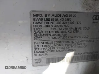 2020 Audi Q7 Premium with VIN WA1AXAF73LD007509, listed as a IAAI auction lot 42048929 with 73,948 mi miles and . Bid and sale history available at DreamBid. Image 9.