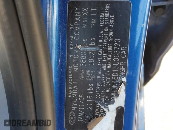 2005 Hyundai Elantra GLS z VIN KMHDN46D15U063723, wystawiony jako Copart lot #56113495 z przebiegiem 115 513 mil mil oraz Szkoda całkowita • Salvage title. Historia ofert i sprzedaży dostępna na DreamBid. Obrazek 12.