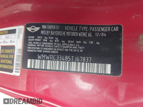 2005 MINI Hardtop with VIN WMWRC33485TJ67837, listed as a IAAI auction lot 41806208 with 140,646 mi miles and . Bid and sale history available at DreamBid. Image 9.