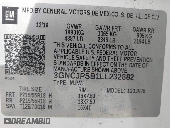 2020 Chevrolet Trax LT with VIN 3GNCJPSB1LL232882, listed as a IAAI auction lot 42230988 with 48,943 mi miles and . Bid and sale history available at DreamBid. Image 9.
