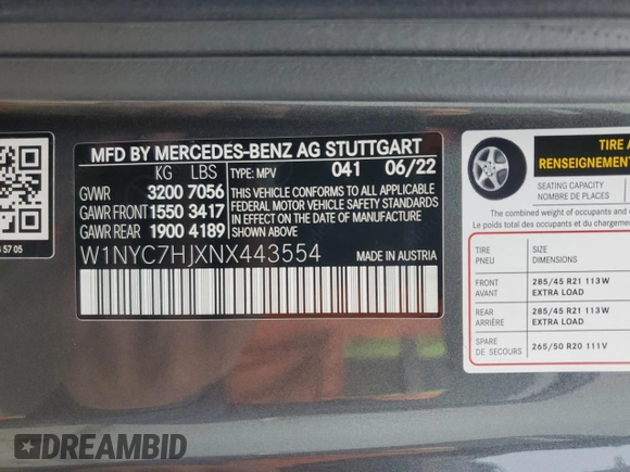 2022 Mercedes-Benz G 63 AMG with VIN W1NYC7HJXNX443554, listed as a Copart auction lot 49165765 with 20,654 mi miles and Salvage title. Bid and sale history available at DreamBid. Image 14.