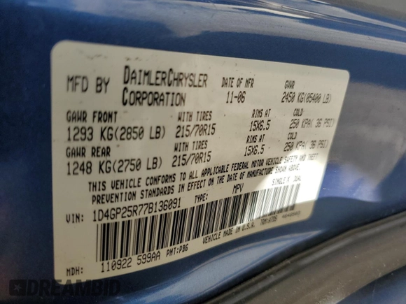 2007 Dodge Caravan SE with VIN 1D4GP25R77B136091, listed as a Copart auction lot 61970795 with Not provided miles and Clean title. Bid and sale history available at DreamBid. Image 13.