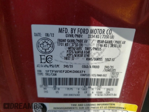 2013 Ford F-150 XL with VIN 1FTFW1EF2DKD00371, listed as a Copart auction lot 57338915 with 158,363 mi miles and Salvage title. Bid and sale history available at DreamBid. Image 13.