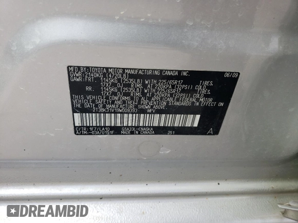 2009 Toyota RAV4 Ltd with VIN 2T3BK31V19W009393, listed as a Copart auction lot 52488055 with 176,040 mi miles and Salvage Title. Bid and sale history available at carsss.com. Image 13.