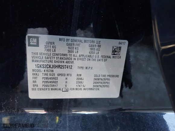 2017 GMC Yukon Denali with VIN 1GKS2CKJ6HR297412, listed as a IAAI auction lot 41330984 with 99,472 mi miles. Bid and sale history available at carsss.com. Image 9.