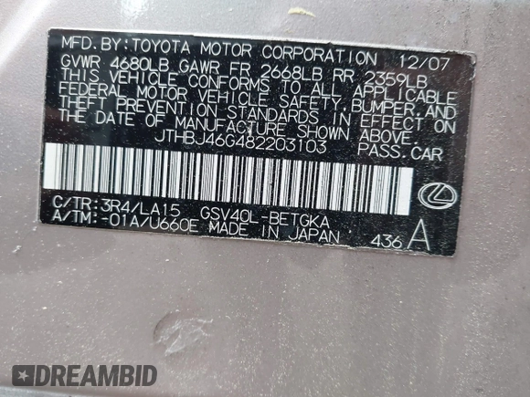 2008 Lexus ES 330 with VIN JTHBJ46G482203103, listed as a IAAI auction lot 42242354 with 117,025 mi miles and . Bid and sale history available at DreamBid. Image 9.