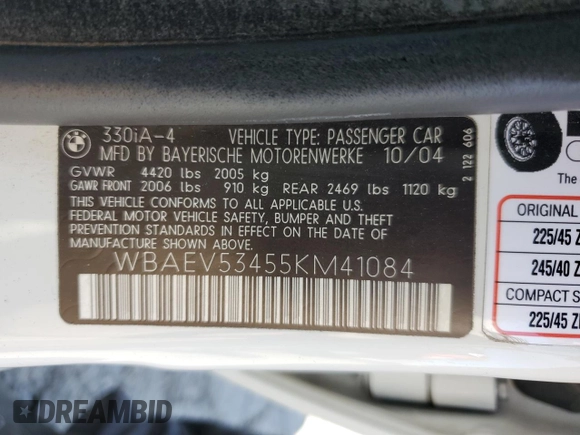 2005 BMW 3 Series 330i with VIN WBAEV53455KM41084, listed as a Copart auction lot 50338425 with 223,116 mi miles and Salvage title. Bid and sale history available at DreamBid. Image 12.
