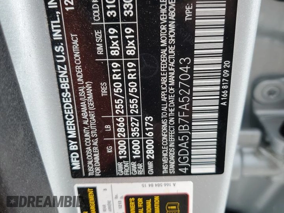2015 Mercedes-Benz M ML 350 with VIN 4JGDA5JB7FA527043, listed as a Copart auction lot 55034065 with 90,473 mi miles and Salvage Title. Bid and sale history available at carsss.com. Image 14.