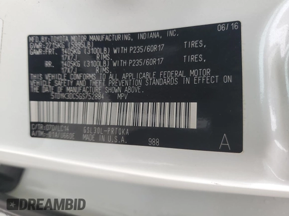 2016 Toyota Sienna XLE с VIN 5TDYK3DC5GS752884, выставлен на аукционе Copart как лот 54621775 с пробегом Не указан миль и Списание • Salvage title. История ставок и продаж доступна на DreamBid. Изображение 13.