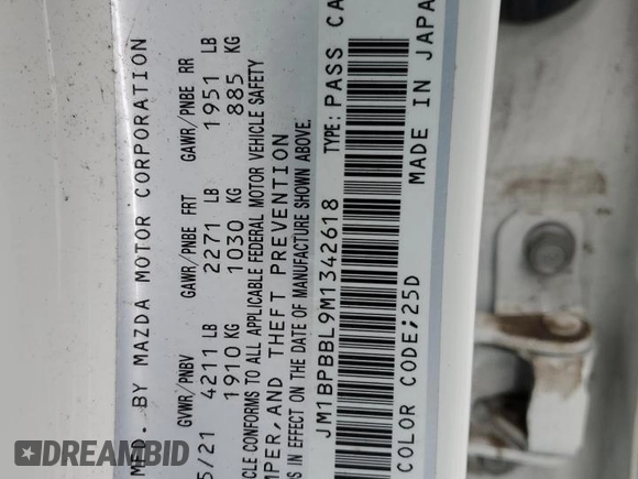 2021 Mazda 3 Select with VIN JM1BPBBL9M1342618, listed as a Copart auction lot 57435905 with 42,122 mi miles and Salvage title. Bid and sale history available at DreamBid. Image 12.