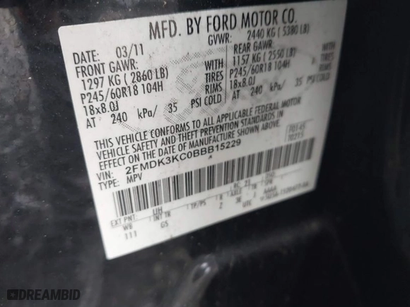 2011 Ford Edge Limited with VIN 2FMDK3KC0BBB15229, listed as a IAAI auction lot 41878252 with 267,396 mi miles. Bid and sale history available at carsss.com. Image 9.