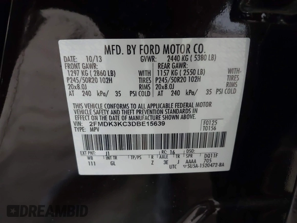2013 Ford Edge Limited with VIN 2FMDK3KC3DBE15639, listed as a IAAI auction lot 41770757 with 80,370 mi miles. Bid and sale history available at carsss.com. Image 9.