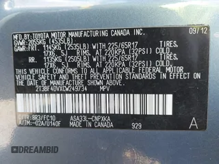 2012 Toyota RAV4 with VIN 2T3BF4DVXCW249734, listed as a IAAI auction lot 42107738 with 297,485 mi miles. Bid and sale history available at carsss.com. Image 9.