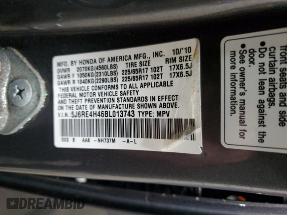 2011 Honda CR-V SE with VIN 5J6RE4H46BL013743, listed as a Copart auction lot 54672865 with 248,452 mi miles and Salvage Title. Bid and sale history available at carsss.com. Image 13.