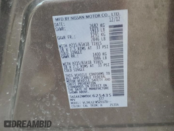 2013 Nissan Pathfinder Platinum with VIN 5N1AR2MM9DC625435, listed as a Copart auction lot 59798145 with 131,209 mi miles and Salvage title. Bid and sale history available at DreamBid. Image 13.