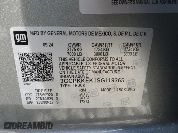 2025 Chevrolet Silverado 1500 with VIN 3GCPKKEK1SG119365, listed as a Copart auction lot 43724235 with 3,439 mi miles and Salvage Title. Bid and sale history available at DreamBid. Image 13.