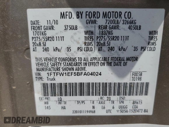 2011 Ford F-150 XL with VIN 1FTFW1EF5BFA04024, listed as a Copart auction lot 64267205 with 211,116 mi miles and Salvage title. Bid and sale history available at DreamBid. Image 12.