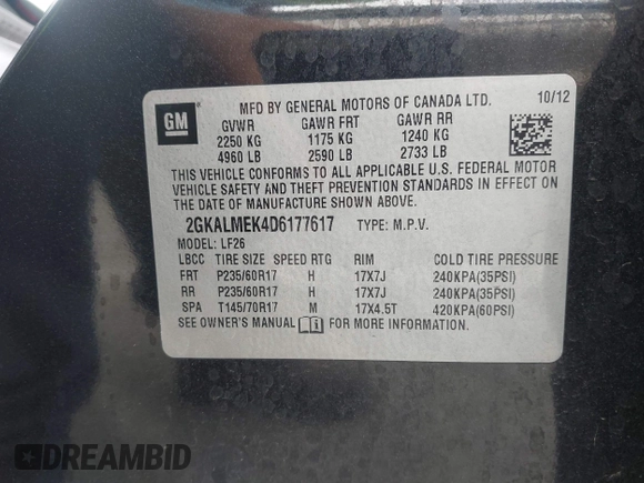 2013 GMC Terrain SLE с VIN 2GKALMEK4D6177617, выставлен на аукционе IAAI как лот 42749719 с пробегом 145 983 миль миль и . История ставок и продаж доступна на DreamBid. Изображение 9.