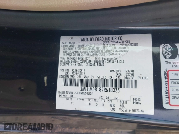 2009 Mercury Milan Premier с VIN 3MEHM08189R618375, выставлен на аукционе IAAI как лот 42270906 с пробегом 111 231 миль миль и . История ставок и продаж доступна на DreamBid. Изображение 9.