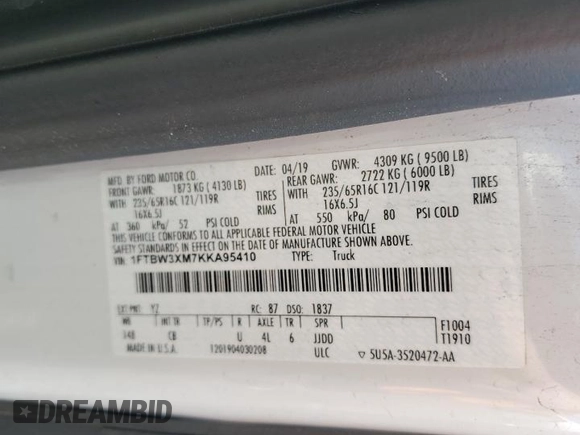 2019 Ford Transit with VIN 1FTBW3XM7KKA95410, listed as a Copart auction lot 55797525 with 40,125 mi miles and Clean Title. Bid and sale history available at carsss.com. Image 13.