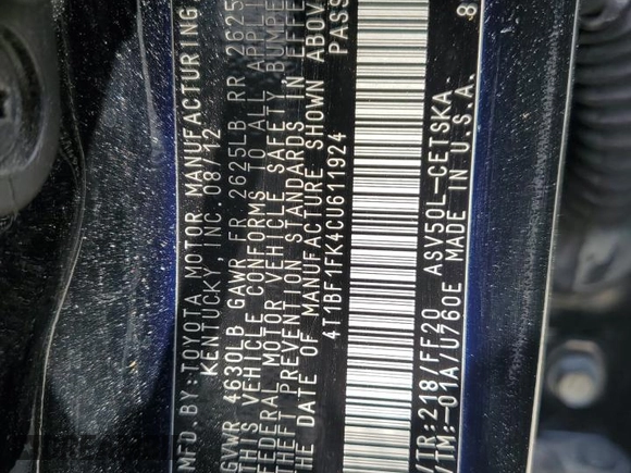 2012 Toyota Camry L with VIN 4T1BF1FK4CU611924, listed as a Copart auction lot 53091975 with 126,545 mi miles and Salvage Title. Bid and sale history available at DreamBid. Image 13.