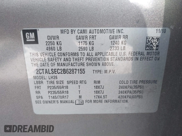 2011 GMC Terrain SLE-2 with VIN 2CTALSEC2B6287155, listed as a IAAI auction lot 42798173 with 182,951 mi miles and . Bid and sale history available at DreamBid. Image 9.