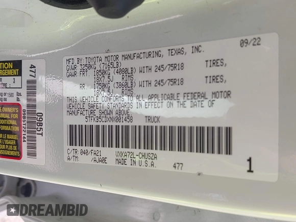 2022 Toyota Tundra with VIN 5TFKB5CDXNX001458, listed as a IAAI auction lot 42640278 with 51,718 mi miles and . Bid and sale history available at DreamBid. Image 9.
