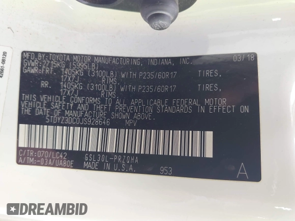 2018 Toyota Sienna XLE Auto Access Seat with VIN 5TDYZ3DC0JS928646, listed as a IAAI auction lot 40179964 with 124,350 mi miles and . Bid and sale history available at DreamBid. Image 9.