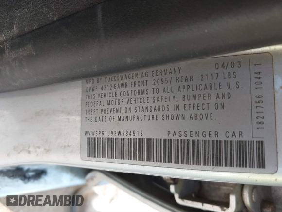 2003 Volkswagen Jetta с VIN WVWSP61J93W584513, выставлен на аукционе IAAI как лот 41361393 с пробегом 390 140 миль миль и . История ставок и продаж доступна на DreamBid. Изображение 9.